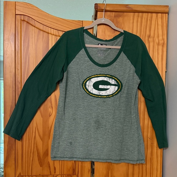 Nfl Team Tops - GREENBAY PACKERS GRUNGE TEE WOMEN XXL GREEN-FADE GOLD 3/4 SLEEVE FOOTBALL SPORTY
